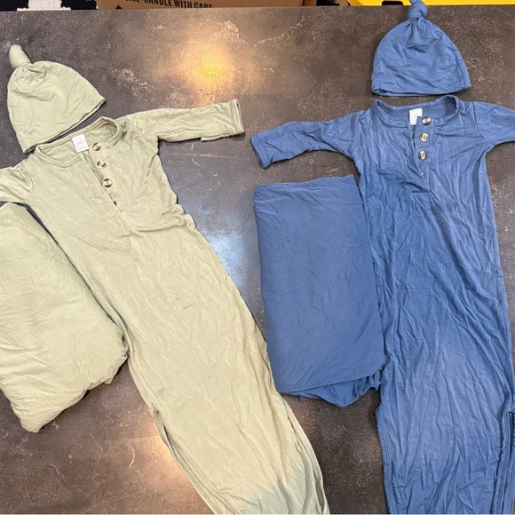 2 Lou Lou Newborn Bundle Sets in Blue and Green - gowns hats and blankets